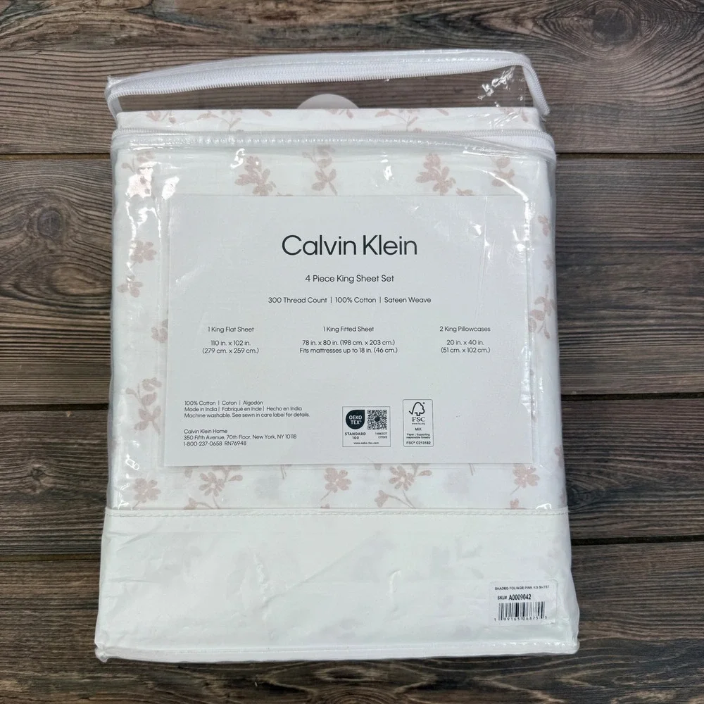 Calvin Klein King 4pc Sheet Set White Pink Shaded Foliage Cotton Sateen NEW